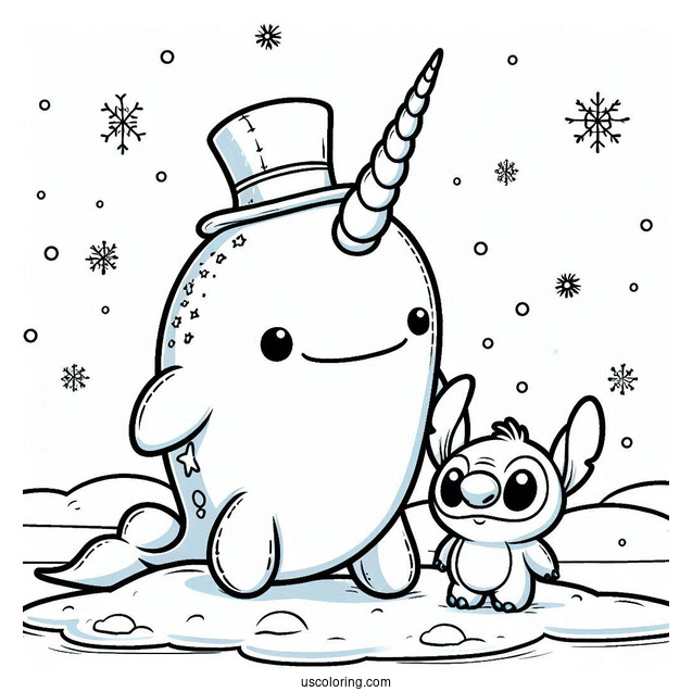 Narwhal Coloring Page With Top Hat Standing With Stitch In The Snow