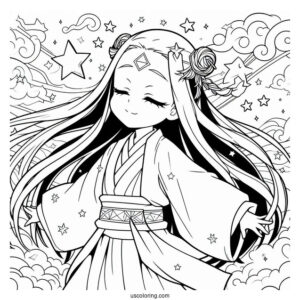 Nezuko Coloring Page In The Air With Stars