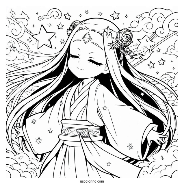 Nezuko Coloring Page In The Air With Stars