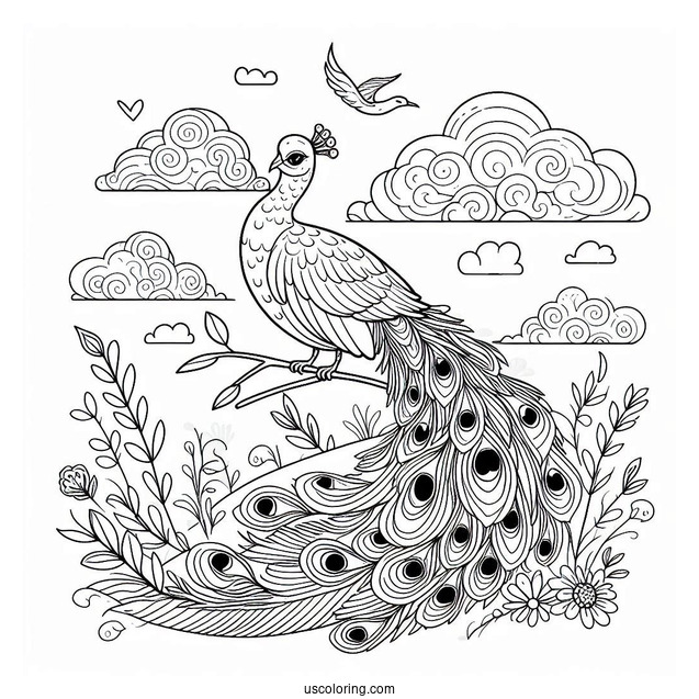 Peacock Coloring Page and Bird Under Cloudy Sky For Kids