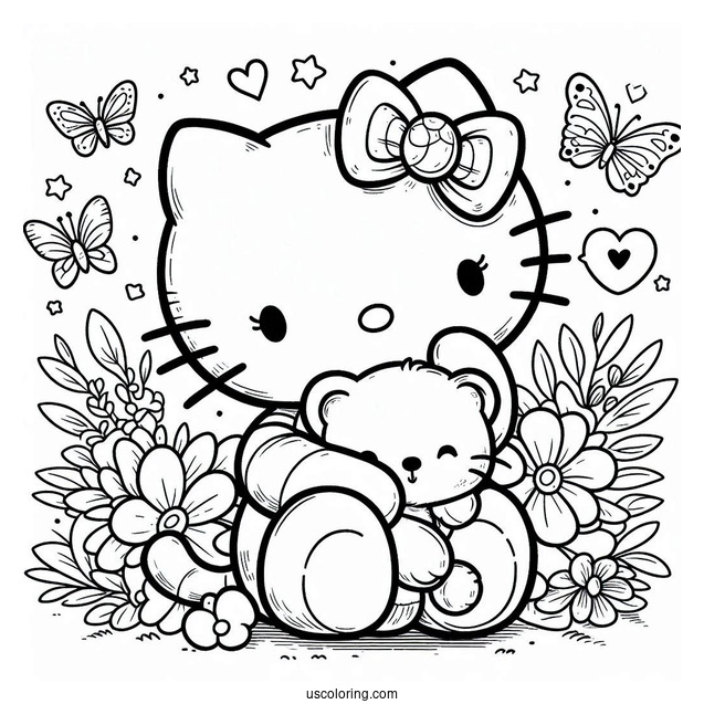 Coloring Page Of Hello Kitty Hugging Teddy Bear