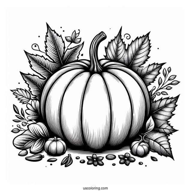 Large Pumpkin Coloring Page With Leaves To Color