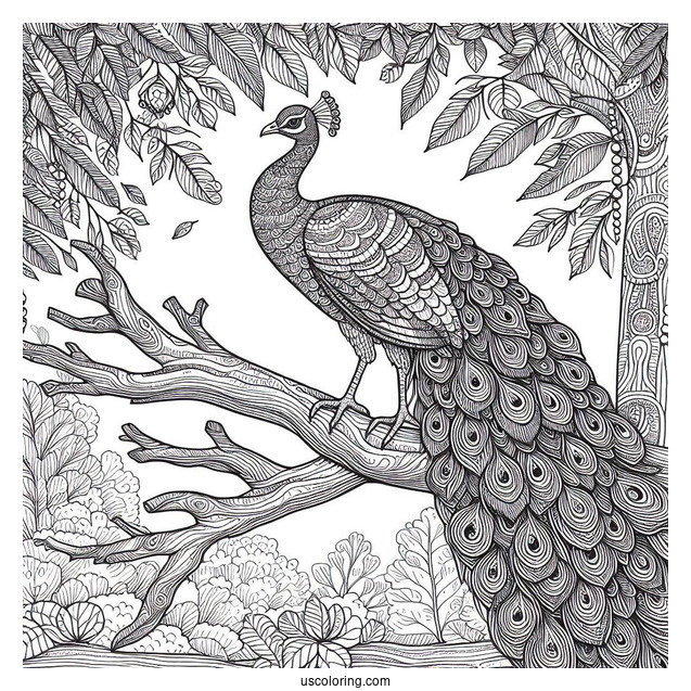Realistic Peacock Coloring Page on Tree Branch in Forest For Adults