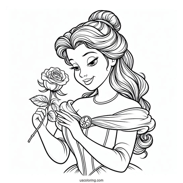 Detailed Coloring Page Of Belle Holding a Rose