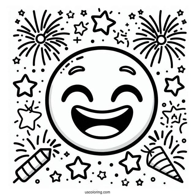 New Year Coloring Page Of Smiling Emoji With Fireworks And Stars