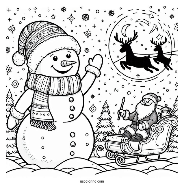Snowman Waving At Santa On A Sleigh Flying Over The North Pole Coloring Page
