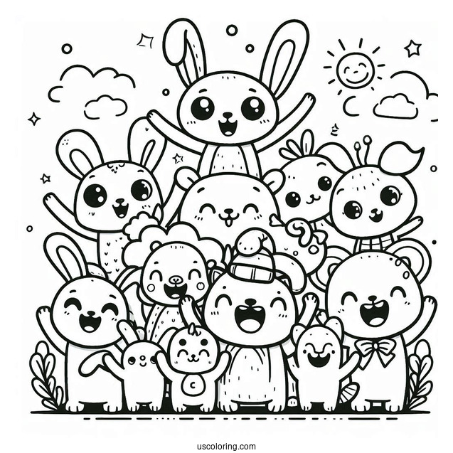 Smiling Critters Coloring Page Characters Cheering