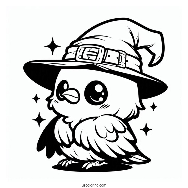 Chibi Raven Coloring Page Wearing A Witch's Hat For Kids