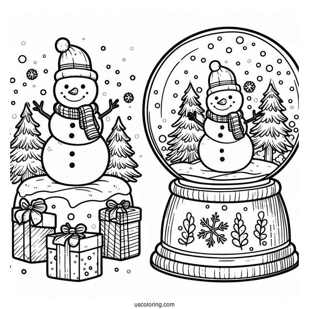 Snowman With Trees And Presents Snow Globe Coloring Page
