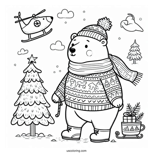 Polar Bear In A Sweater Going To The North Pole Coloring Page