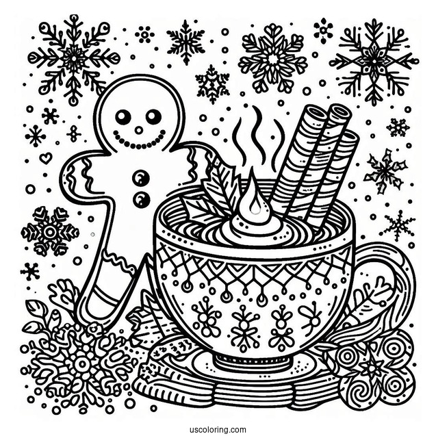 Snowflake Coloring Page With Hot Cocoa And Gingerbread Man