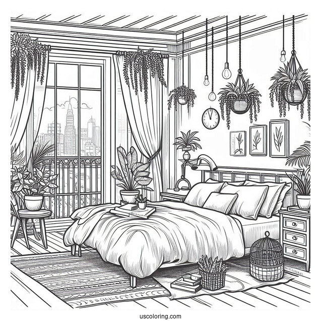 Bedroom Coloring Page With Hanging Plants And Open Balcony
