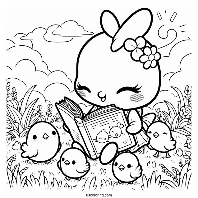 Pochacco Coloring Page Reading Book With Chicks In The Field