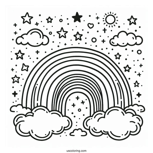Coloring Page Of a Rainbow With Clouds And Stars