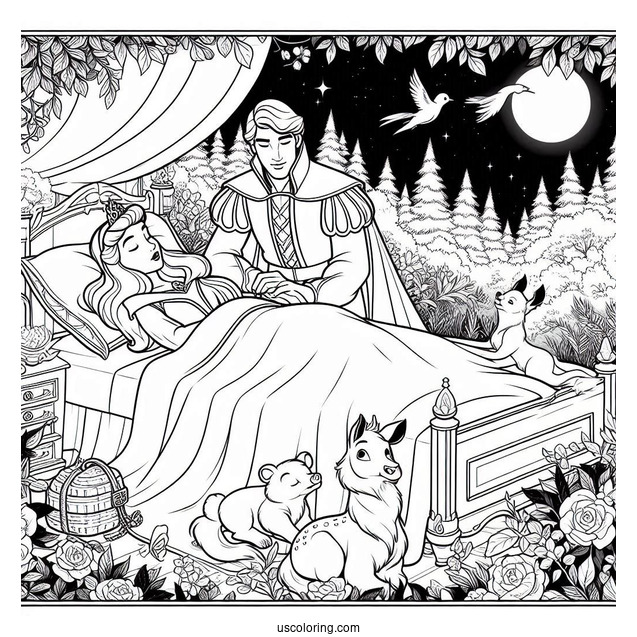 Sleeping Beauty Coloring Page Of Prince Philip Watching Aurora With The Animals In The Forest