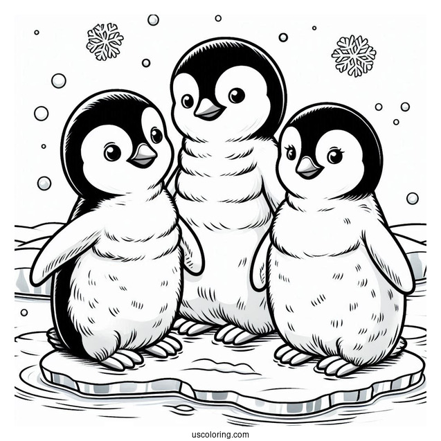 3 Emperor Penguins On Ice Coloring Page