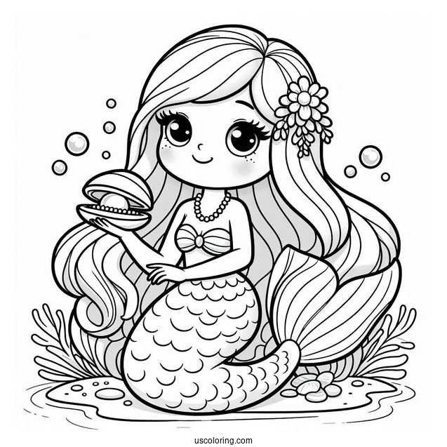 Mermaid Polly Pocket Coloring Page Holding Mussel With Pearl