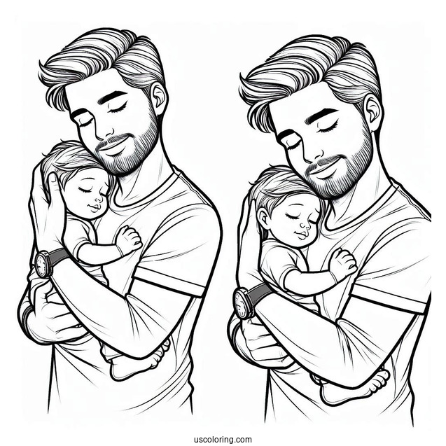 Dad Holding His Baby On Father's Day Coloring Page