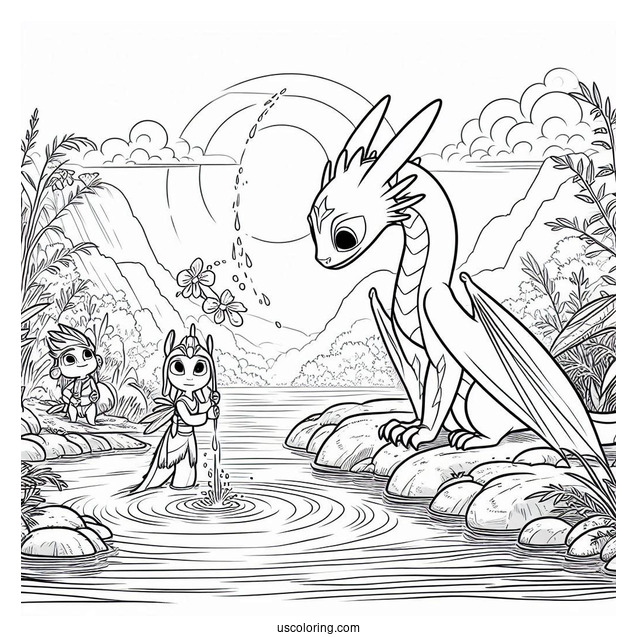 Raya And The Last Dragon Coloring Page Of Pengu Showing Water Magic To Sisu