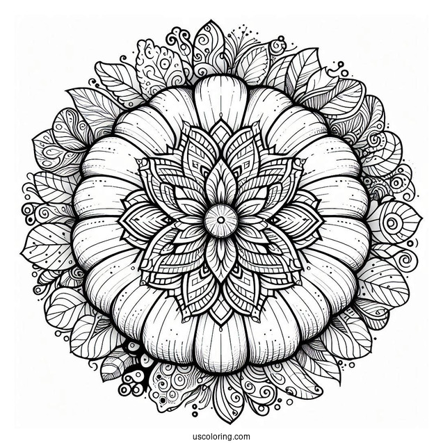 Top View Pumpkin Coloring Page Mandala With Floral Design