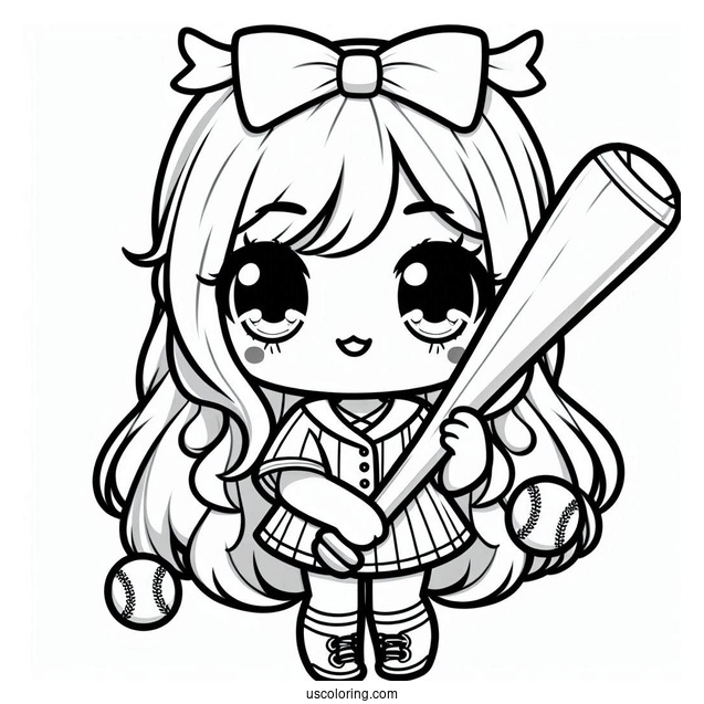 Kawaii Girl Baseball Coloring Page Player Holding A Bat