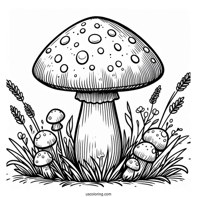 Easy Fly Agaric Mushroom Coloring Page Surrounded By Grass For Kids
