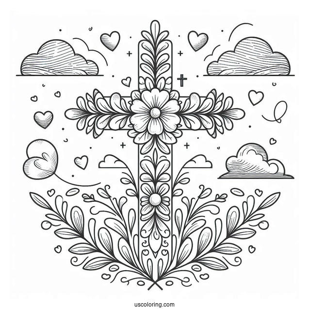 Floral Cross Coloring Page With Clouds In The Sky And Love Hearts