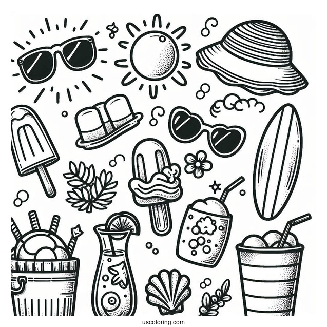 Summer Coloring Page Surf Board, Goggles, Popsicle, Hat, Seashell, Bucket, Drink, Sun, And Umbrella