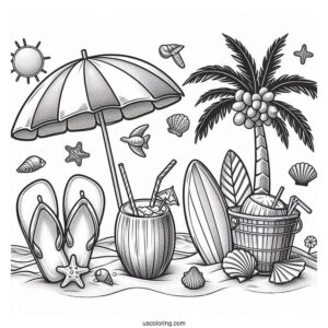 Beach Flip Flops, Umbrella, Surfboard, Seashell, Palm Tree, Coconut Drink, Bucket, And Sun