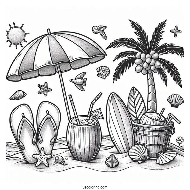 Beach Flip Flops, Umbrella, Surfboard, Seashell, Palm Tree, Coconut Drink, Bucket, And Sun