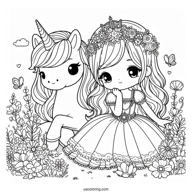Cute Coloring Page Princess And Unicorn Sitting On A Flower Field