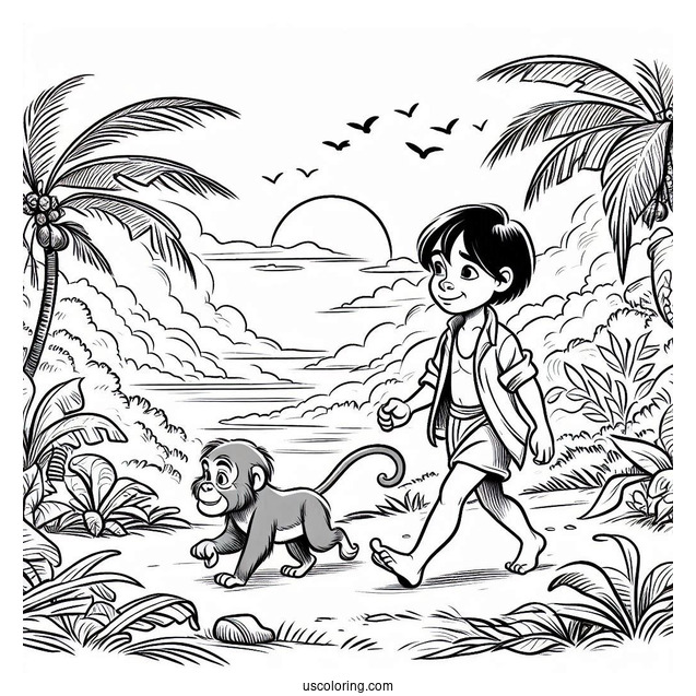 Jungle Book Coloring Page Of Young Mowgli Walking With Hathi Jr For Preschoolers