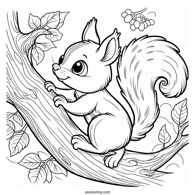 Cartoon Squirrel Coloring Page Climbing Tree Branch For Kids