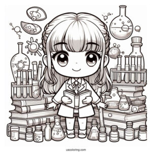 Science Coloring Page Of Chibi Scientist Surrounded By Books And Test Tubes