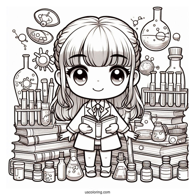 Science Coloring Page Of Chibi Scientist Surrounded By Books And Test Tubes