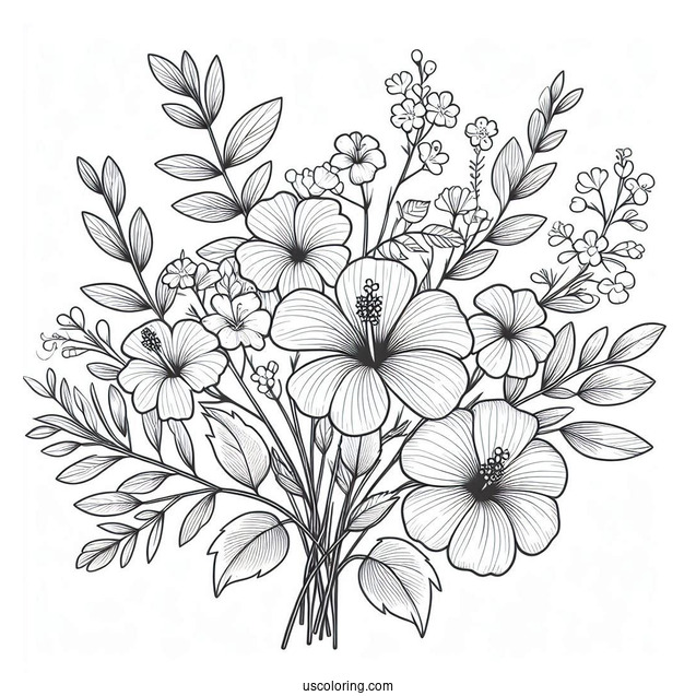 Flower Coloring Pages Of Small Bouquet Of Hibiscus, Lilies, And Wildflowers