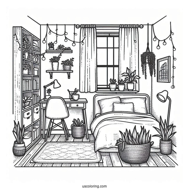 Bedroom Coloring Page Of Tiny Studio Apartment With Bookshelf And Plants