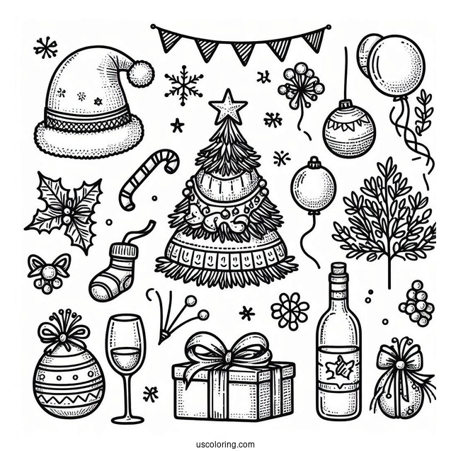 New Year Coloring Page Of Essentials With Party Hats, Christmas Tree, Wine Glasses, And Balloons