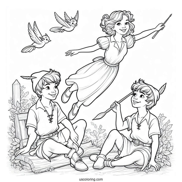 Peter Pan Teaching Wendy, John, And Michael To Fly