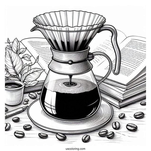 Coffee Coloring Pages Of Freshly Brewed Pour Over Coffee In Front Of Open Book