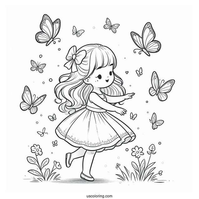 Little Girl Dancing With Butterflies To Color