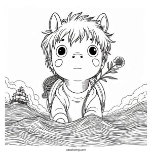 Studio Ghibli Coloring Page of Ponyo Peering Above The Ocean