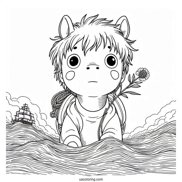 Studio Ghibli Coloring Page of Ponyo Peering Above The Ocean