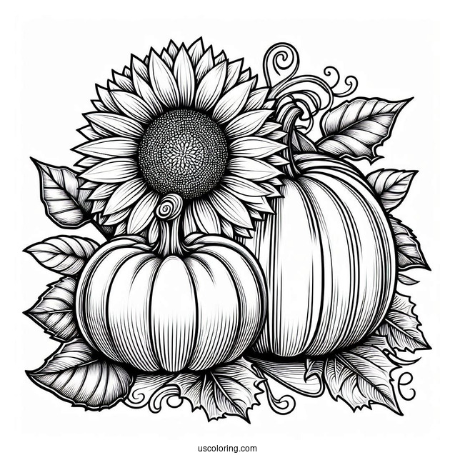 Two Large Pumpkin Coloring Page With Sunflower And Leaves