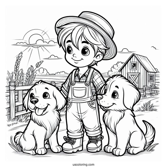 Farmer Boy With His Two Dogs