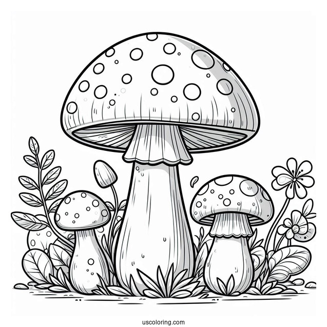 Big And Small Cartoon Mushroom Coloring Page In The Garden For Kids
