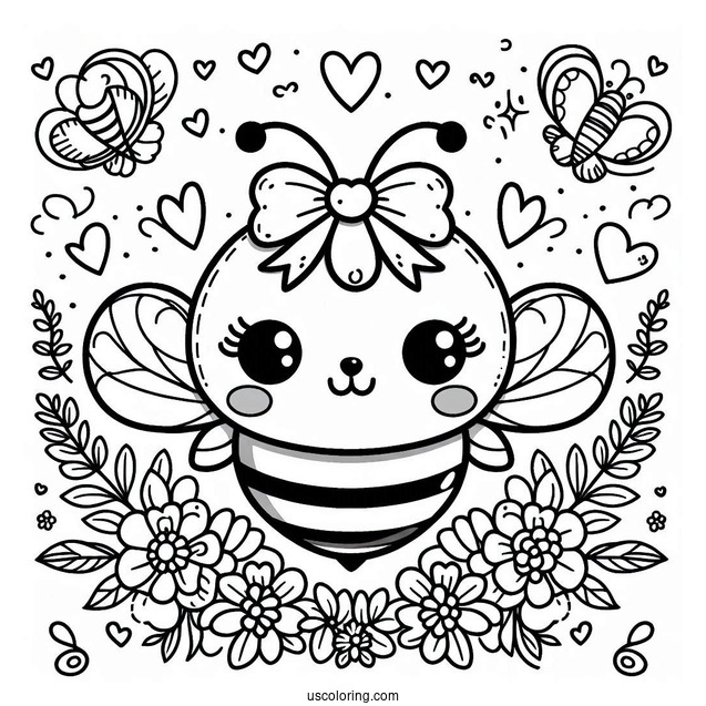 Adorable Bee Coloring Page With Love Heart And Floral Background