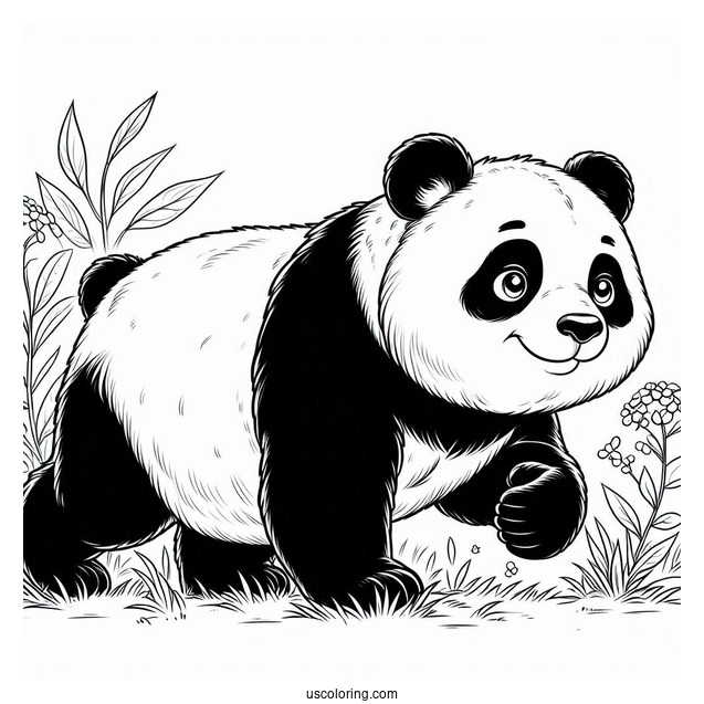 Giant Panda Walking On Grass To Color
