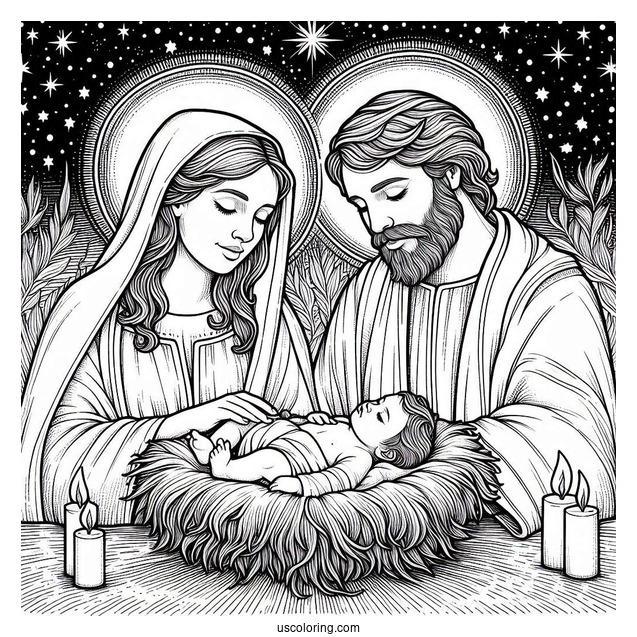 Nativity Coloring Page Of Realistic Mary, Joseph, And Baby Jesus With Starry Background