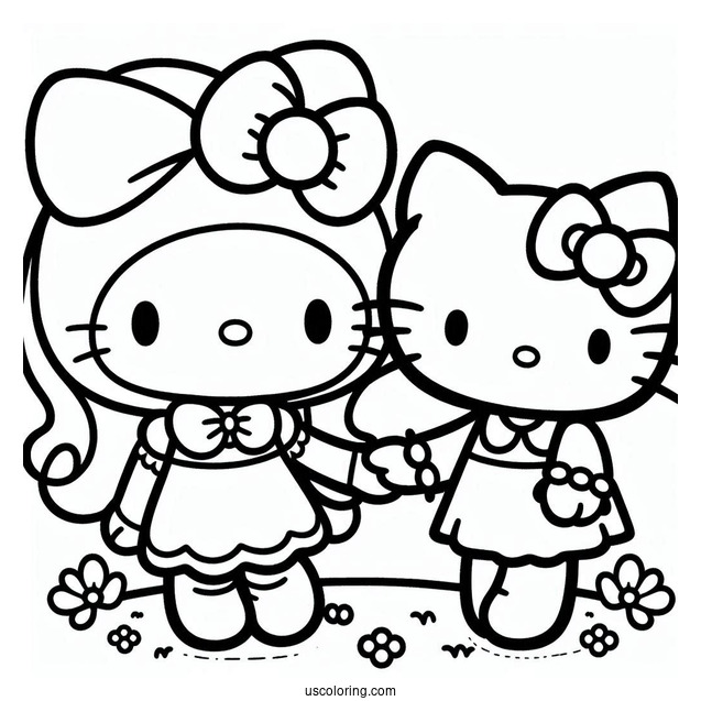 My Melody Coloring Page Holding Hands With Hello Kitty
